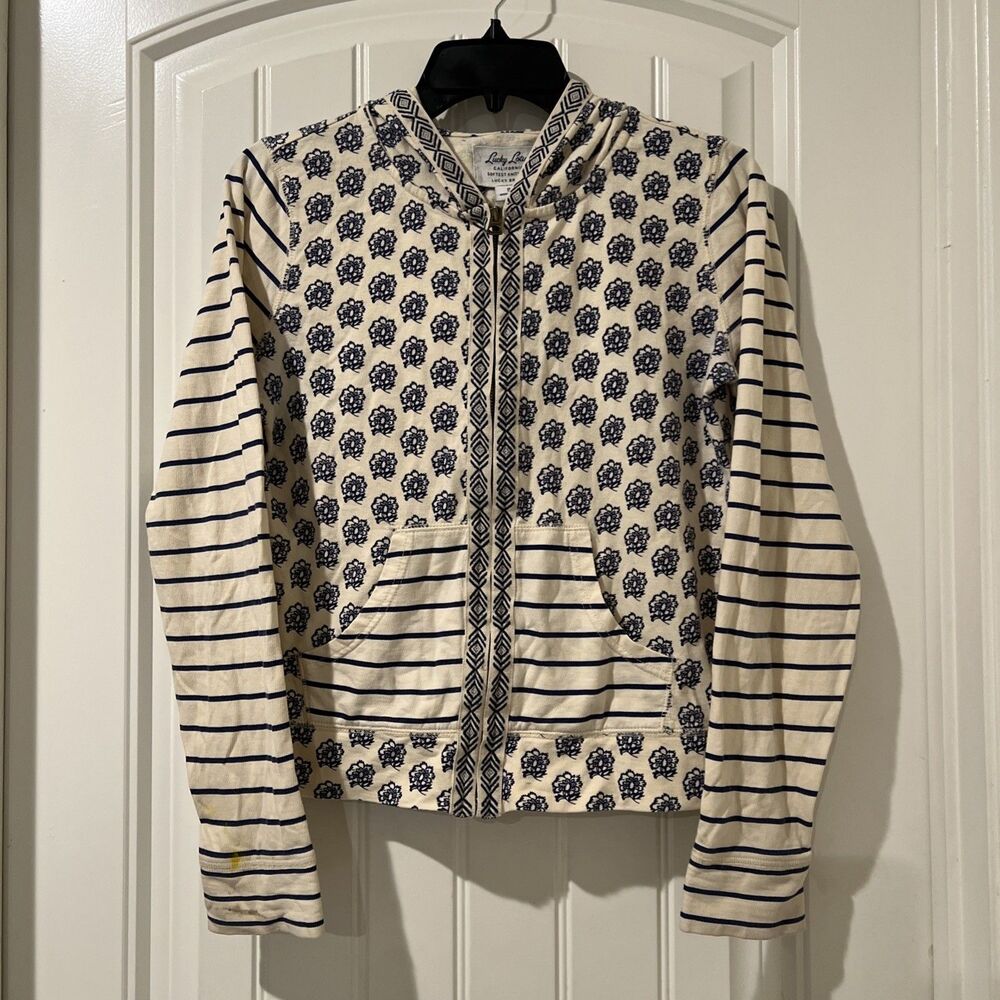 Lucky Brand Lotus Softest Knitwear Sweatshirt Hoodie Full Zip Floral Striped S